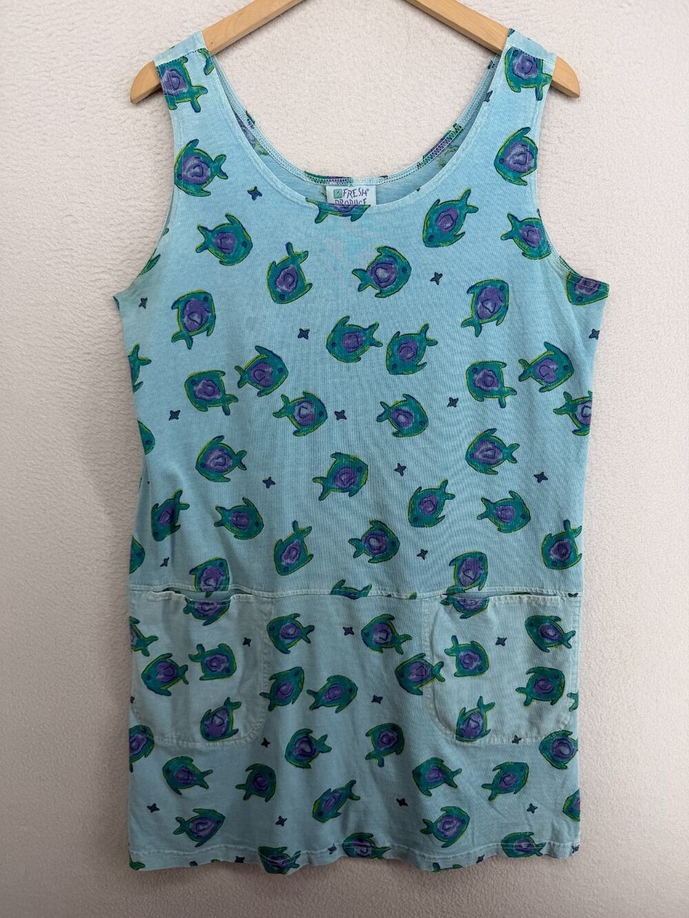 FRESH PRODUCE Dress XL Tunic Tank Sundress Fish AOP 90s Cotton Blue USA VTG